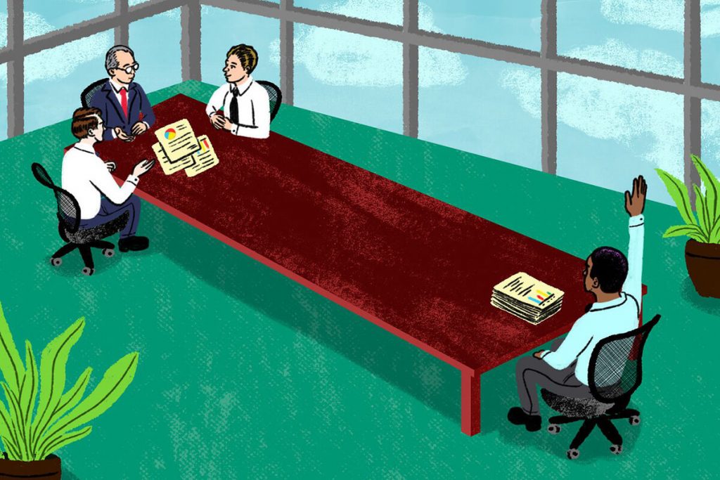 A drawing showing an employee meeting